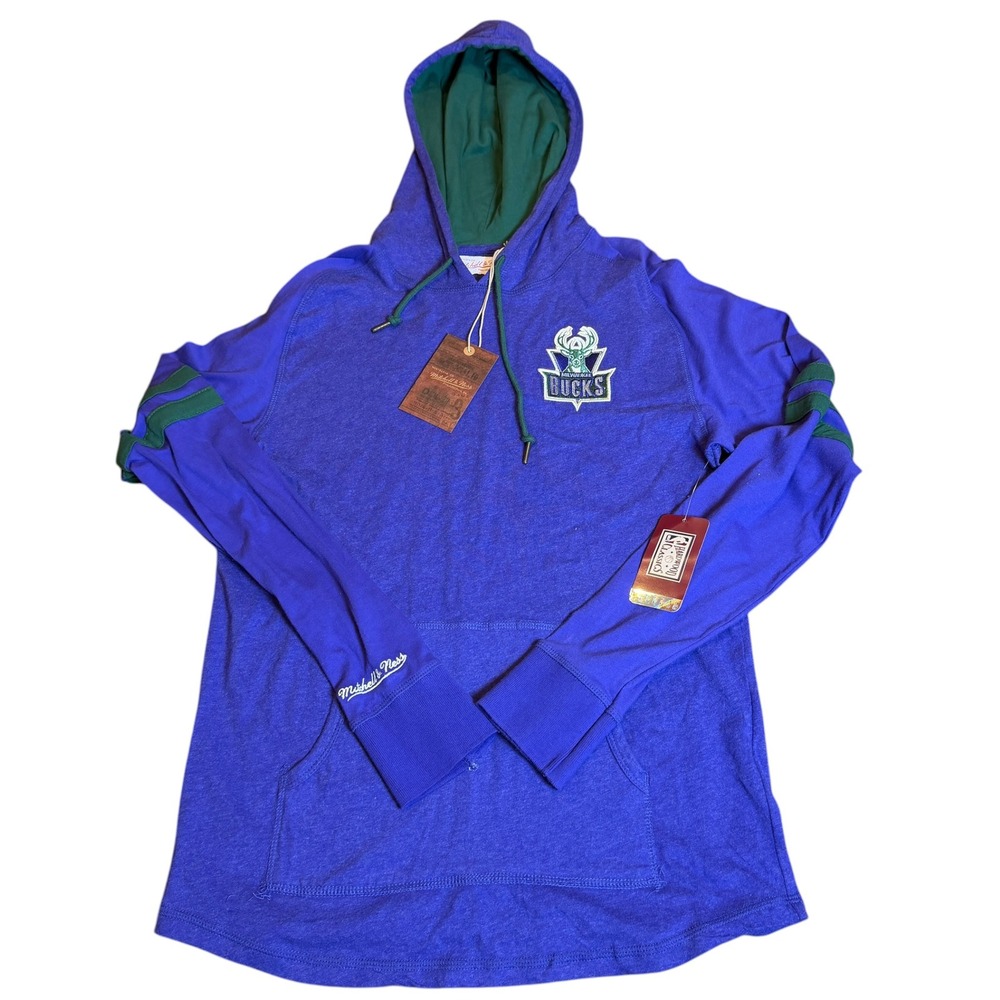 Mitchell & Ness Milwaukee Bucks Hooded T Shirt Mens Medium Blue New NBA Pullover